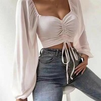 Long Sleeved Pit Stripe Patchwork Chiffon Tight Top - Thumbnail 2