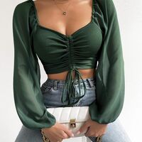 Long Sleeved Pit Stripe Patchwork Chiffon Tight Top - Thumbnail 1