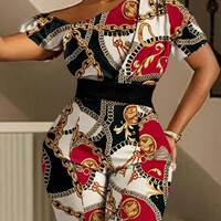 Women'S Fashion Chain Printed High Waisted Short Sleeved Jumpsuit - Thumbnail 1