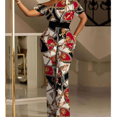 Women's fashion chain printed high waisted short sleeved jumpsuit