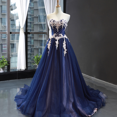 Blue tulle lace long formal dress, beautiful blue evening party dress - Thumbnail 1