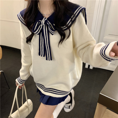 Sweet Little Sailor Collar Brown & Navy Blue Spring Autumn College Girl Style Cozy Sweater