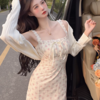 Spring Summer Coquette Sweet Girl Pink Flowers Floral Print White Cream Lace Strap Dress - Thumbnail 1