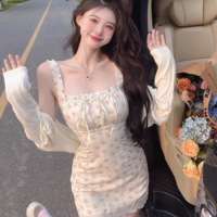 Spring Summer Coquette Sweet Girl Pink Flowers Floral Print White Cream Lace Strap Dress - Thumbnail 2