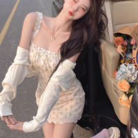 Spring Summer Coquette Sweet Girl Pink Flowers Floral Print White Cream Lace Strap Dress - Thumbnail 6