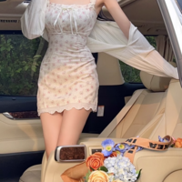 Spring Summer Coquette Sweet Girl Pink Flowers Floral Print White Cream Lace Strap Dress - Thumbnail 8