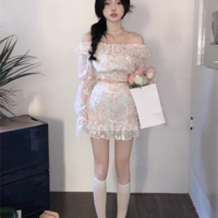 Colorful Sweet Flowers Floral Print Chiffon Lace Spring Summer Off Shoulder Long Sleeve Shirt & Short Skirt Two Piece Set - Thumbnail 1