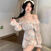 Colorful Sweet Flowers Floral Print Chiffon Lace Spring Summer Off Shoulder Long Sleeve Shirt & Short Skirt Two Piece Set - Thumbnail 2