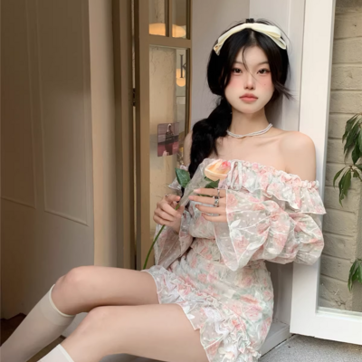 Colorful sweet flowers floral print chiffon lace spring summer off shoulder long sleeve shirt & short skirt two piece set