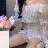 Colorful Sweet Flowers Floral Print Chiffon Lace Spring Summer Off Shoulder Long Sleeve Shirt & Short Skirt Two Piece Set - Thumbnail 3