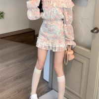 Colorful Sweet Flowers Floral Print Chiffon Lace Spring Summer Off Shoulder Long Sleeve Shirt & Short Skirt Two Piece Set - Thumbnail 4