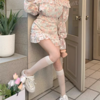 Colorful Sweet Flowers Floral Print Chiffon Lace Spring Summer Off Shoulder Long Sleeve Shirt & Short Skirt Two Piece Set - Thumbnail 5