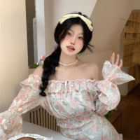 Colorful Sweet Flowers Floral Print Chiffon Lace Spring Summer Off Shoulder Long Sleeve Shirt & Short Skirt Two Piece Set - Thumbnail 7