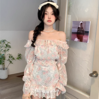 Colorful Sweet Flowers Floral Print Chiffon Lace Spring Summer Off Shoulder Long Sleeve Shirt & Short Skirt Two Piece Set - Thumbnail 9