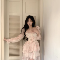 Pink Rose Flower Pretty Fairy Spring Summer Women White Coquette Long Sleeve Dress - Thumbnail 4