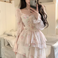 Pink Rose Flower Pretty Fairy Spring Summer Women White Coquette Long Sleeve Dress - Thumbnail 5
