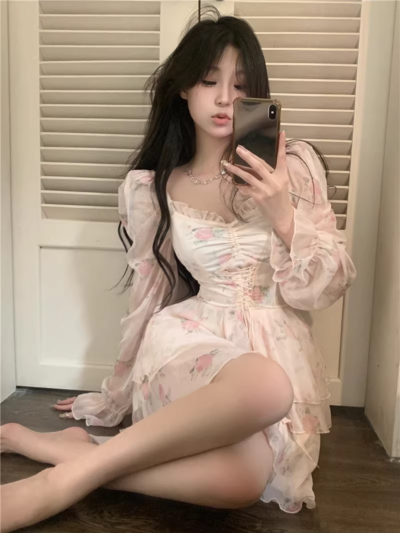 Pink Rose Flower Pretty Fairy Spring Summer Women White Coquette Long Sleeve Dress