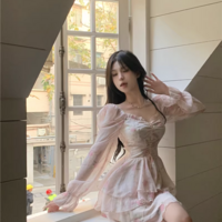 Pink Rose Flower Pretty Fairy Spring Summer Women White Coquette Long Sleeve Dress - Thumbnail 2