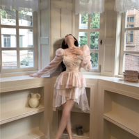 Pink Rose Flower Pretty Fairy Spring Summer Women White Coquette Long Sleeve Dress - Thumbnail 6