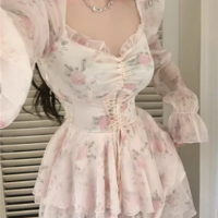 Pink Rose Flower Pretty Fairy Spring Summer Women White Coquette Long Sleeve Dress - Thumbnail 1
