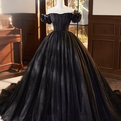 Black tulle long prom dress, off shoulder black evening dress - Thumbnail 1