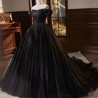 Black Tulle Long Prom Dress, Off Shoulder Black Evening Dress - Thumbnail 1