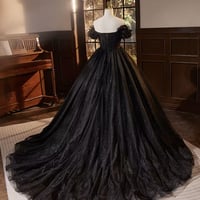 Black Tulle Long Prom Dress, Off Shoulder Black Evening Dress - Thumbnail 2