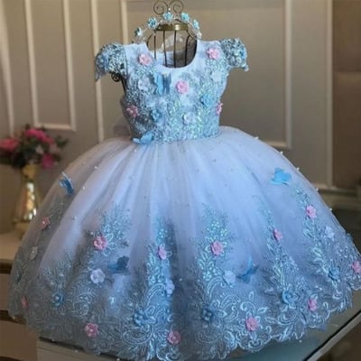 Blue flower girl dresses pageant gown with flowers lace