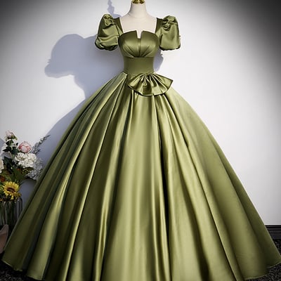 Green satin floor length prom dress with bow, a-line short sleeve evening dress - Thumbnail 1