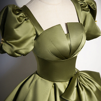 Green Satin Floor Length Prom Dress with Bow, A-Line Short Sleeve Evening Dress - Thumbnail 2