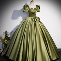 Green Satin Floor Length Prom Dress with Bow, A-Line Short Sleeve Evening Dress - Thumbnail 3
