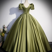 Green Satin Floor Length Prom Dress with Bow, A-Line Short Sleeve Evening Dress - Thumbnail 4
