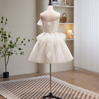 Champagne Tulle Short Prom Dress with Beaded, Cute Tulle Homecoming Dress - Thumbnail 3