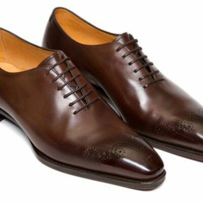 Classic men's hand stitch brown genuine leather shoes, lace up brogue style shoes - Thumbnail 1