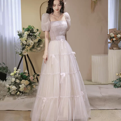 Pink tulle beaded long prom dress, pink off shoulder evening dress - Thumbnail 1