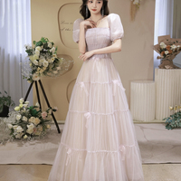 Pink Tulle Beaded Long Prom Dress, Pink Off Shoulder Evening Dress - Thumbnail 1