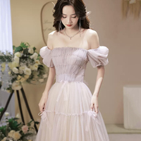 Pink Tulle Beaded Long Prom Dress, Pink Off Shoulder Evening Dress - Thumbnail 2