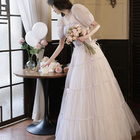 Pink Tulle Beaded Long Prom Dress, Pink Off Shoulder Evening Dress - Thumbnail 3