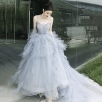 Gray Tulle Spaghetti Strap Long Prom Dress, Gray V-Neck Evening Dress - Thumbnail 2