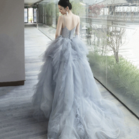 Gray Tulle Spaghetti Strap Long Prom Dress, Gray V-Neck Evening Dress - Thumbnail 3