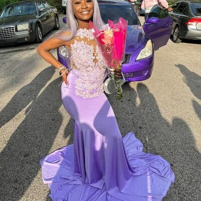 Purple mermaid lace appliques african prom dress evening dress