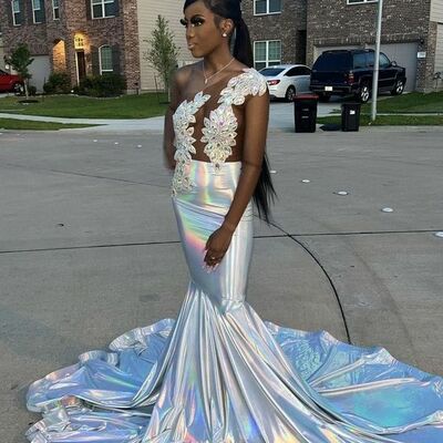 Silver mermaid lace appliques african prom dress evening dress