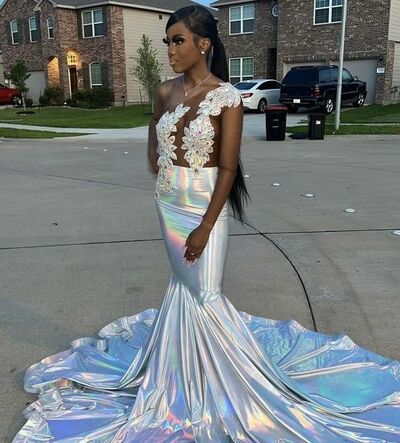 Silver Mermaid Lace Appliques African Prom Dress Evening Dress