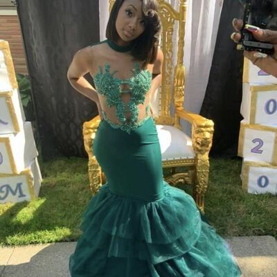 Green mermaid lace appliques african prom dress evening dress