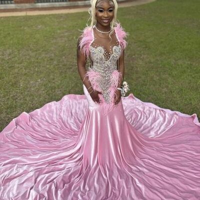 Pink mermaid beading crystals african prom dress evening dress
