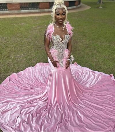Pink Mermaid Beading Crystals African Prom Dress Evening Dress