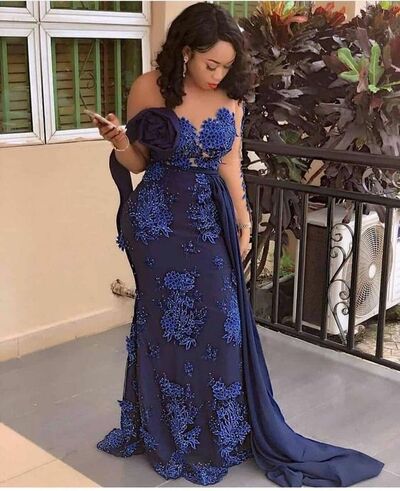 Royal Blue Mermaid Lace Appliques African Prom Dress Evening Dress