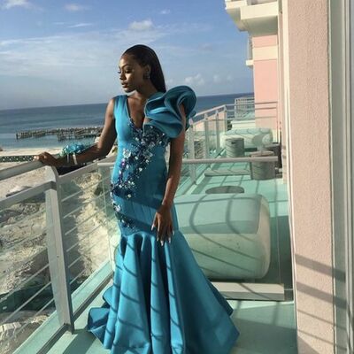Blue mermaid handmade flowers african prom dress evening dress