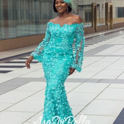 Turquoise lace african prom dress evening dress