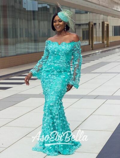 Turquoise Lace African Prom Dress Evening Dress